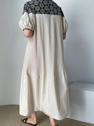 Vintage Crew Neck Heavy Embroidered Puff Sleeve Pleated Dress