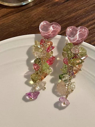 Sweet Heart Crystal Silver Long Tassel Earrings