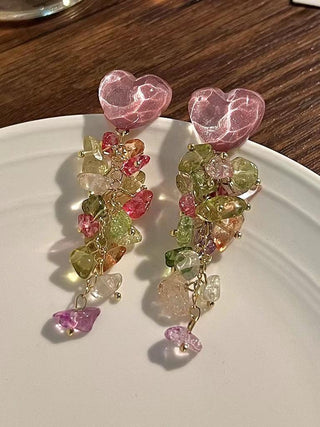 Sweet Heart Crystal Silver Long Tassel Earrings