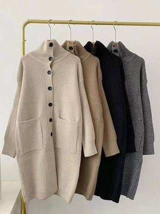 Solid Color Coat Mid Length Turtleneck Cardigan Sweater