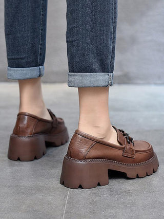 Vintage Black&Brown Solid Color Loafers Platform Shoes