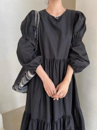French Pleated Long Puff Sleeve Loose Long Dress