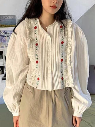 Embroidered Pleated Design Puff sleeve Shirt