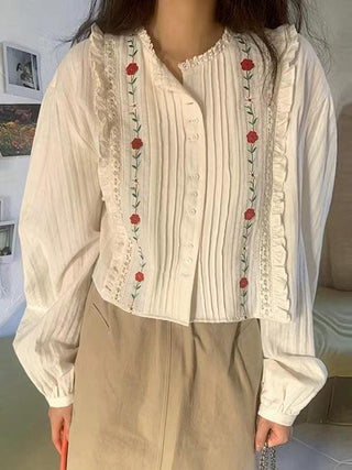 Embroidered Pleated Design Puff sleeve Shirt