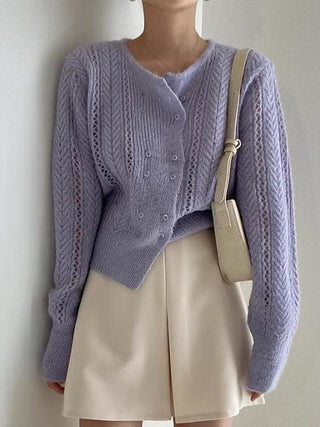 Round-neck Double-breasted Hollow Sweater Top