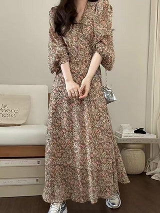 古代油絵花柄パフスリーブ半袖ドレス