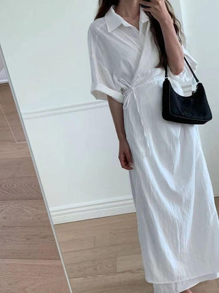 White Lapel Short Sleeve Shirt Dress