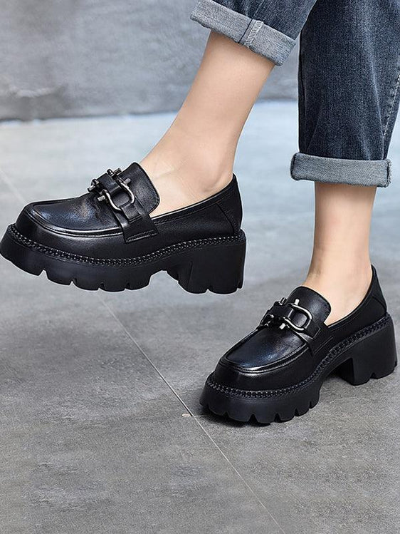 Vintage Black&Brown Solid Color Loafers Platform Shoes – painevida