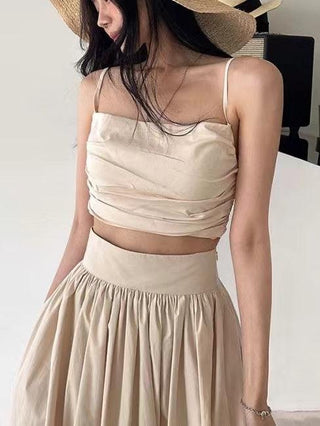 Elegant Ruffled Camisole+high Waist A-line Skirt 2 set