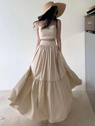 Elegant Ruffled Camisole+high Waist A-line Skirt 2 set