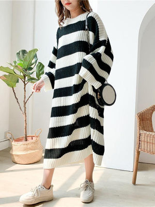 Stylish Loose Striped Round-Neck Sweater Dresses