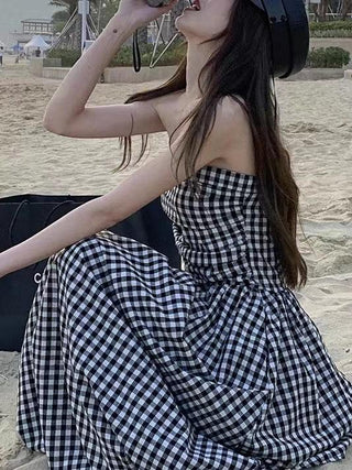 Strapless Pleated Plaid Long Dress