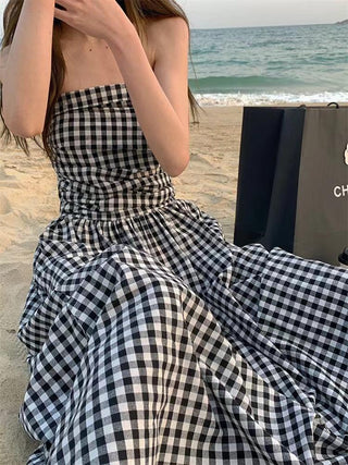 Strapless Pleated Plaid Long Dress