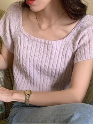Square-Neck Braided Cropped Short Sleeves Knitting Shirt