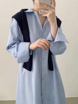 Lapel-Collar Single-Breasted Long Shirt Dress