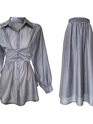 Cross Tie Waist Light Slik Shirt&Skirt 2-Pieces Set