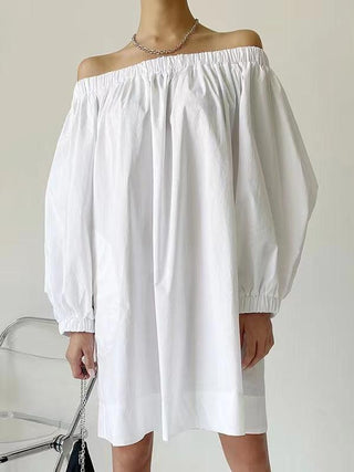 White One-shoulder Puff Sleeve Cotton Dress