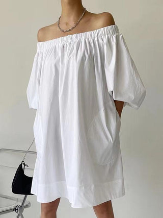 White One-shoulder Puff Sleeve Cotton Dress