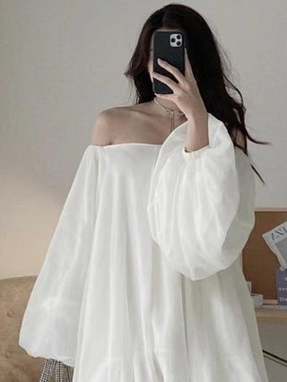 Soft Silk White One-shoulder Long Puff Sleeve Dress