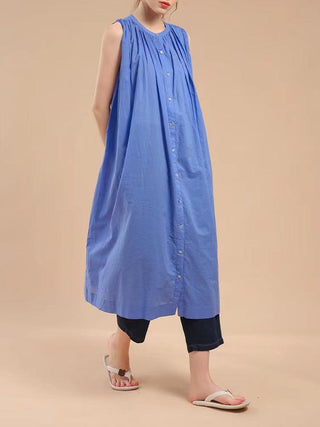 Sleeveless Pleated Pure Cotton A-line Dress