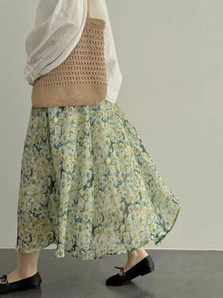 Green Floral Pleated Ramie Cotton A-liine Skirt