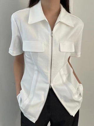 Lapel Collar Double Zipper False Pocket Short Sleeve Shirt