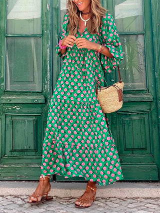 Hot Green Printed Vacation Loose Maxi Dresses