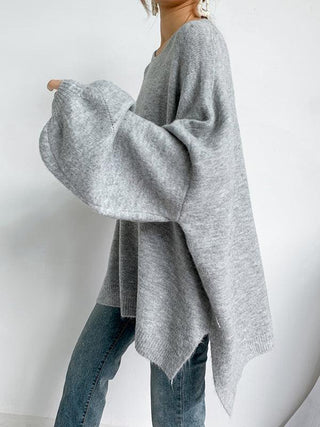 Stretch Mohair-Blend Balloon Sleeves Loose Solid Round-Neck Sweater Tops