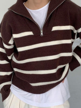 Lapel Zip Stripe Loose Long Sleeve Pullover Knit Sweater