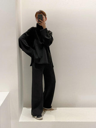 High-neck Pullover Sweater&High-waist Wide-leg Pants 2 Sets