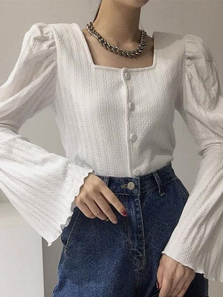 Square Neck Breasted Gathered Flare Sleeve Knit Blouses