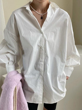 Casual Lapel Solid Pleated Balloon Sleeve Lace-up  White Shirt