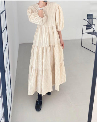 Vintage Round-neck 3D Pleated Ruffle Long Dress