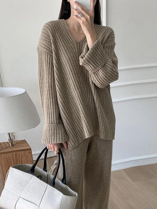 V-neck Pullover knitted Sweater&Wide Leg Pants 2 Sets Suits