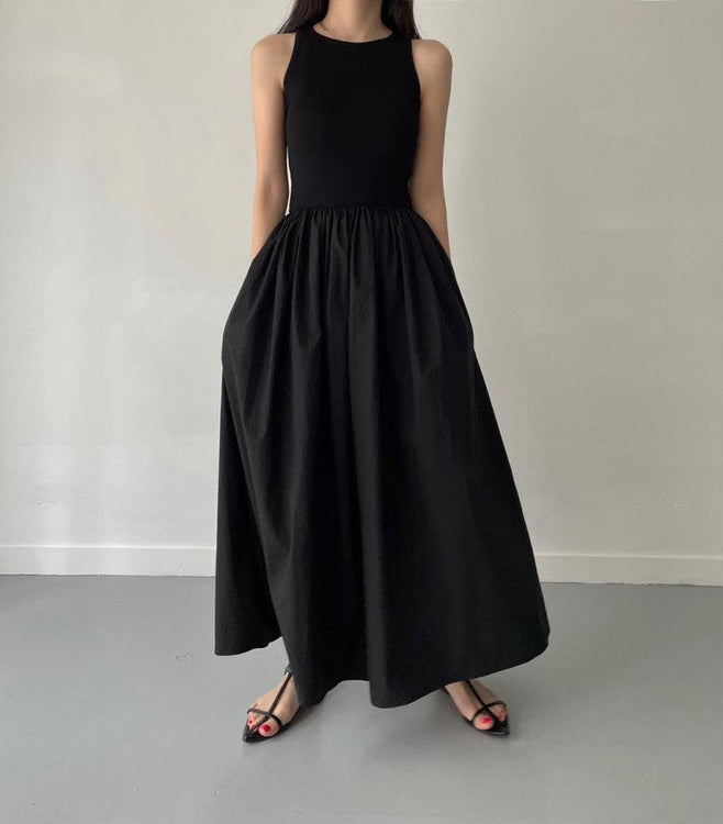 Elegant Round Neck Waist Slim Pleated Long Dress – painevida