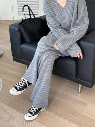V-neck Pullover knitted Sweater&Wide Leg Pants 2 Sets Suits