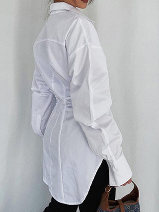 Simple Waist Lapel Ruffeld White Shirt