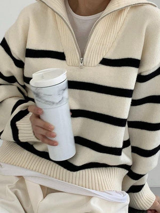 Lapel Zip Stripe Loose Long Sleeve Pullover Knit Sweater