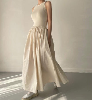 Elegant Round Neck Waist Slim Pleated Long Dress