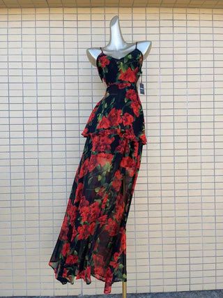 Red Rose Floral V-Neck Long Dress