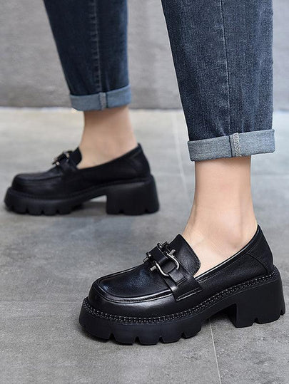 Vintage Black&Brown Solid Color Loafers Platform Shoes – painevida