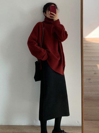 Casual Long Sleeves Loose Solid Color High-Neck Sweater Tops