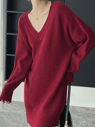 Simple Loose Long Sleeves Solid Color V-Neck Sweater Dresses