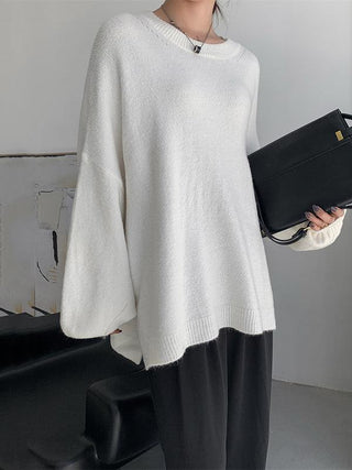 Stretch Mohair-Blend Balloon Sleeves Loose Solid Round-Neck Sweater Tops