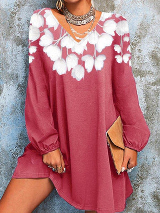 Cotton-blend 5XL Solid Floral Print Long Sleeve Short Dress Blouse