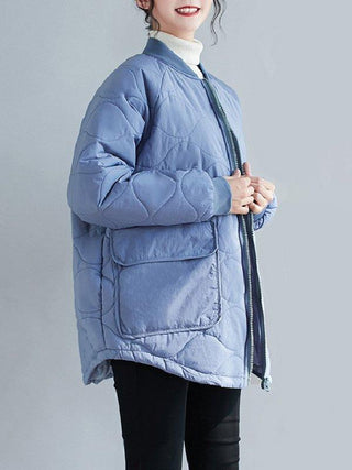 Casual Loose Solid Color With Big Pocket Stand Collar Long Sleeves Padded Coat