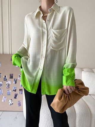 Stylish Loose Long Sleeves Buttoned Contrast Color Gradient Blouses