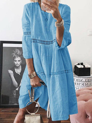 Loose Solid Color Hollow Round-Neck 3/4 Sleeves Midi Dress