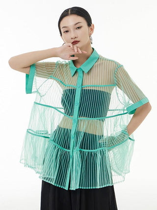 Original Short Sleeves Loose Buttoned Mesh Pleated Solid Color Blouses&Shirts Tops