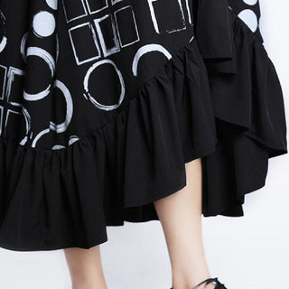 Casual High-Low Long Sleeves Polka-Dot Printed Falbala Black Midi Dress